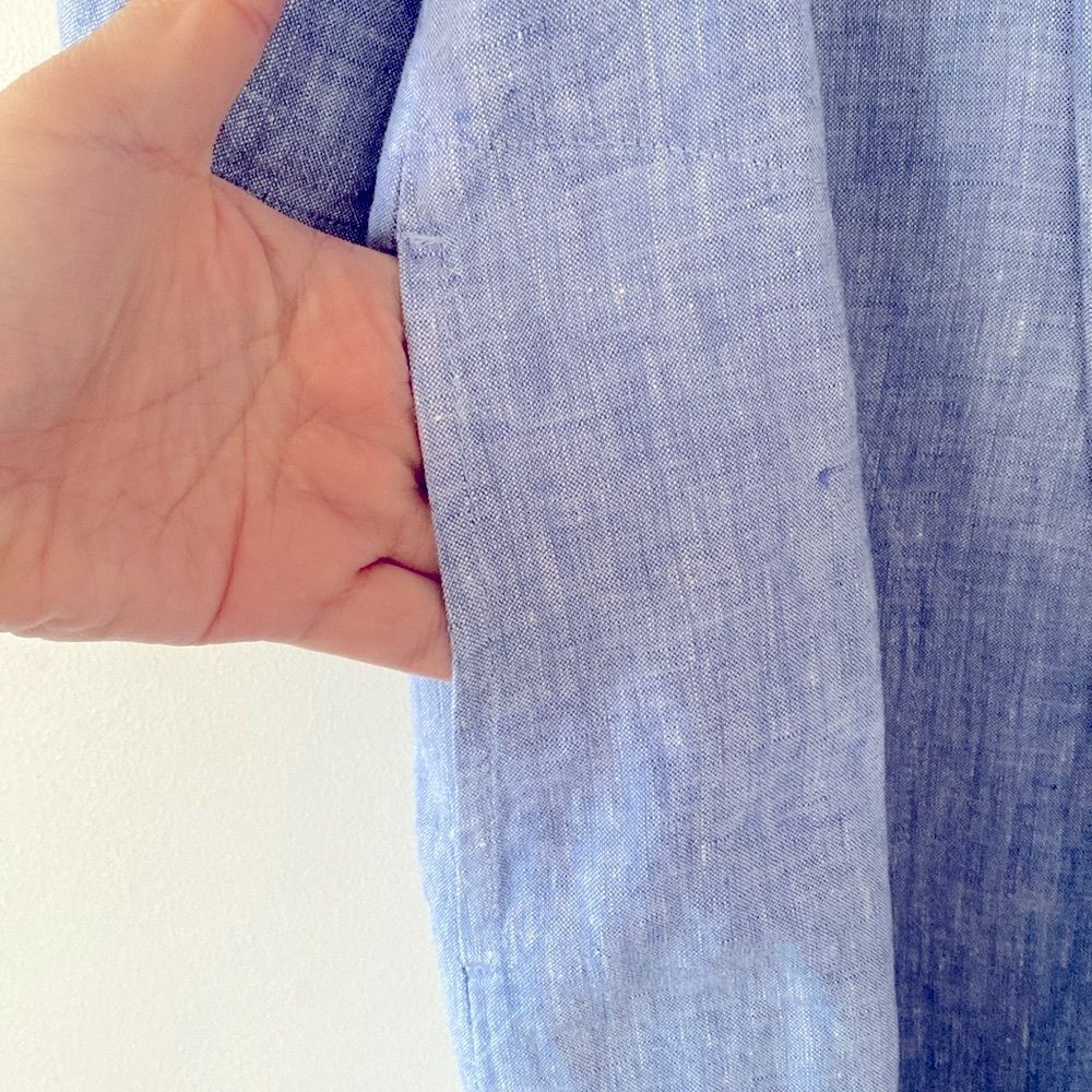 J. Jill Love Linen Blue Dress Bell Sleeves Deep Slid Front sz L Natural Coastal - Picture 11 of 11